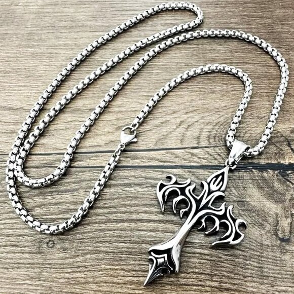 Necklace Flame Cross Anarchy Stainless Pendant Viking Gothic Y2K Biker Edgy rock - Picture 4 of 5